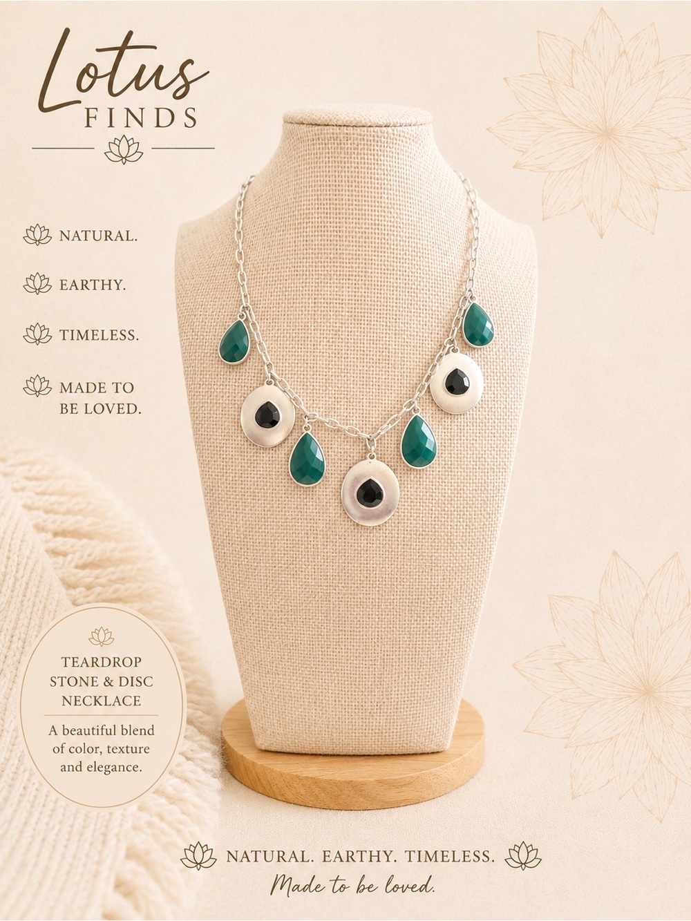 Pre-Loved Green Teardrop Silver-Tone Statement Necklace – 9”